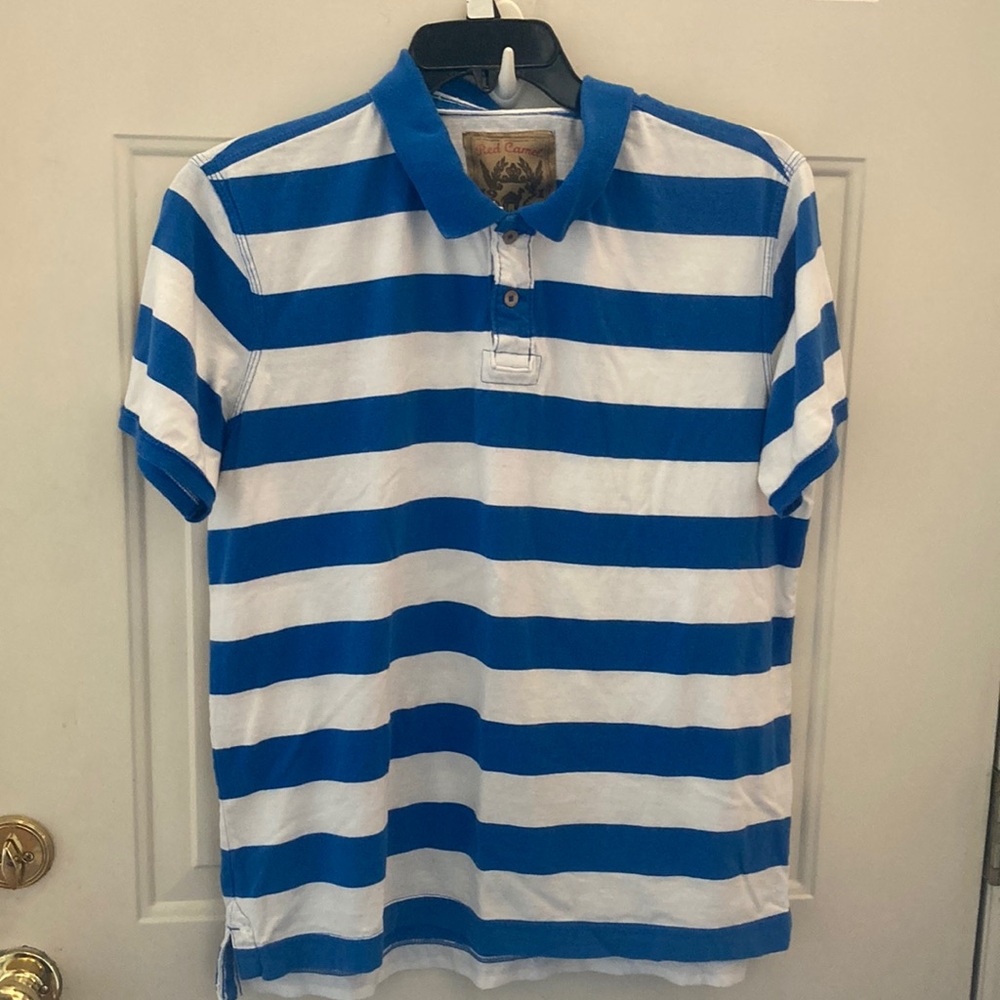 Blue and White XL Striped Red Camel Polo Shirt.